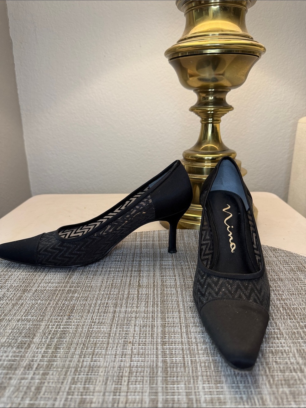 Nina Black Pointed Toe Sheer Mesh Pumps